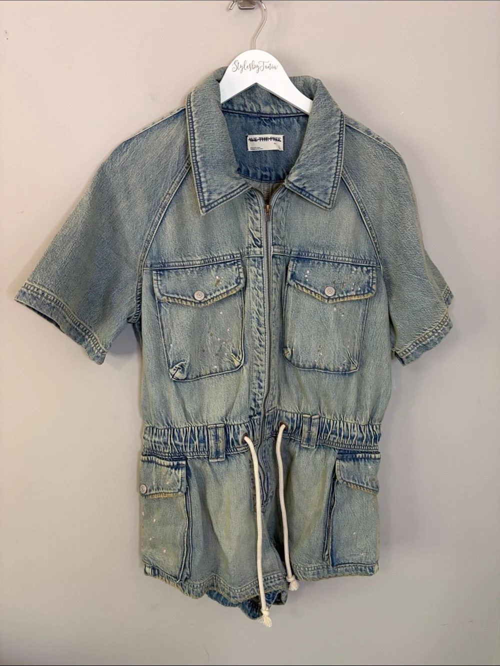 Free People Mojave Denim Shortall Romper Slouchy Paint Splatter Cinch Waist NEW
